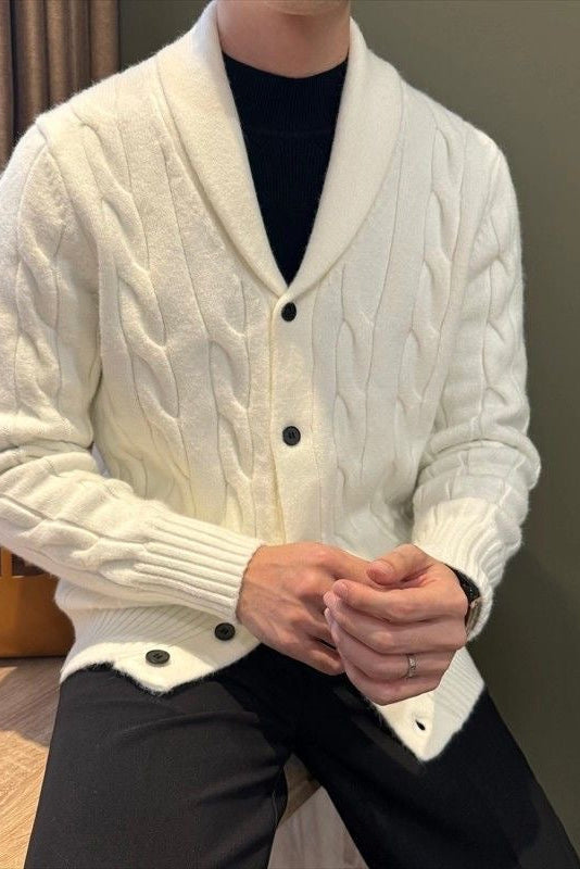 Button Front Cable Knit Cardigan with Ribbed Trim and Pill Resistant Polyester