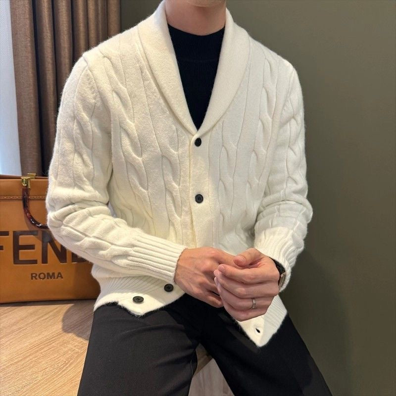 Button Front Cable Knit Cardigan with Ribbed Trim and Pill Resistant Polyester