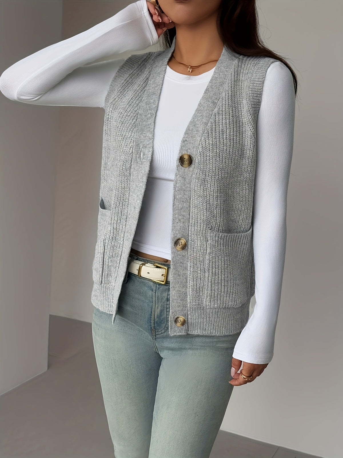 Sleeveless Knit Vest with Button Front and Front Pockets, Relaxed Fit