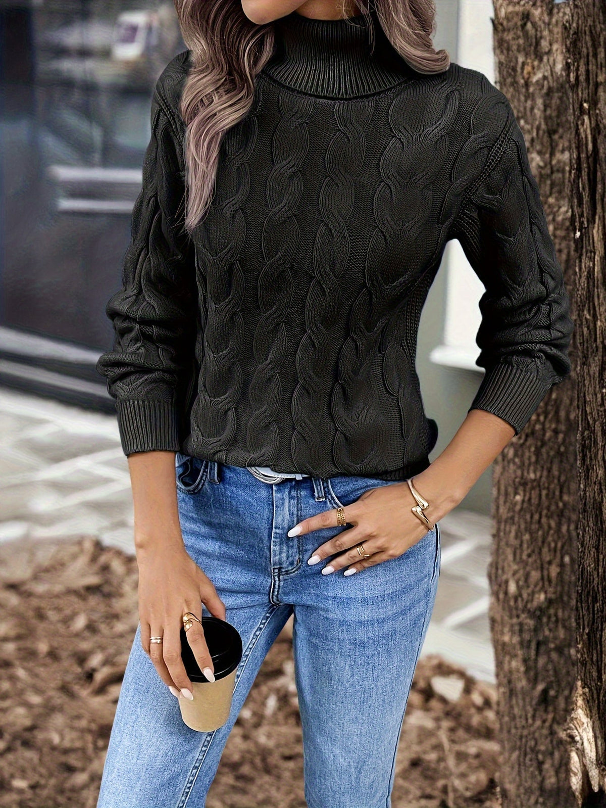 Turtleneck Sweater with Cable Knit Pattern and Relaxed Fit, Full Length Sleeves