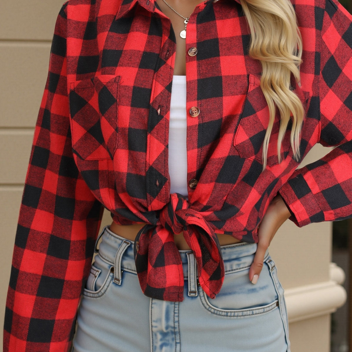 Button Up Buffalo Check Shirt with Chest Pockets and Relaxed Fit