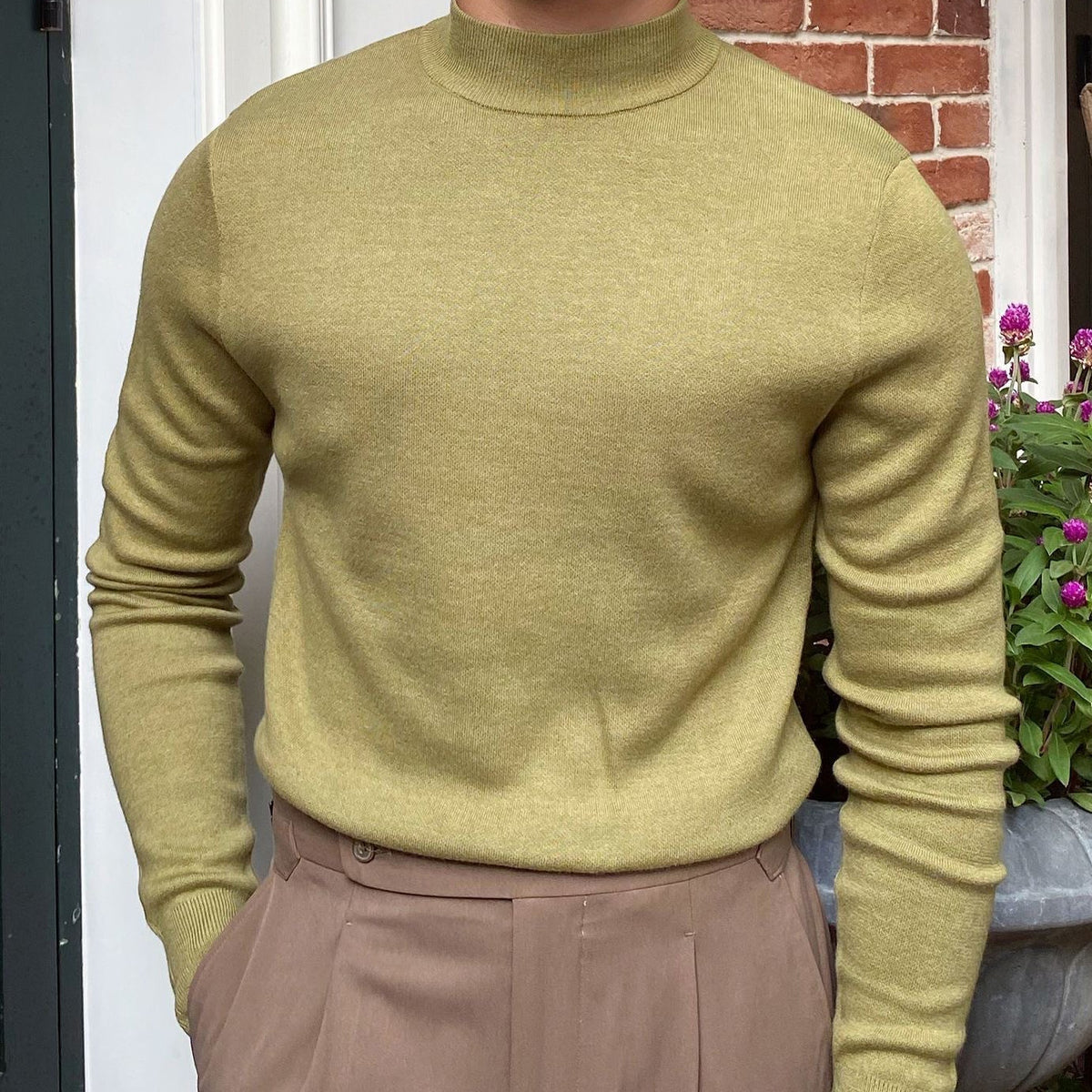 Mock Neck Sweater with Structured Shoulders and Breathable Knit