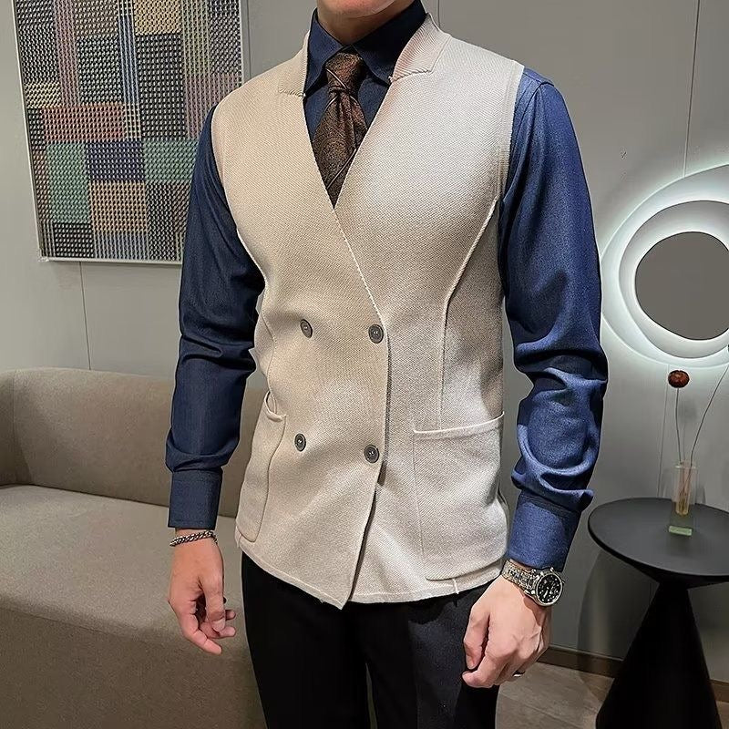 Sleeveless Knitted Vest with Double Breasted Closure and Front Pockets