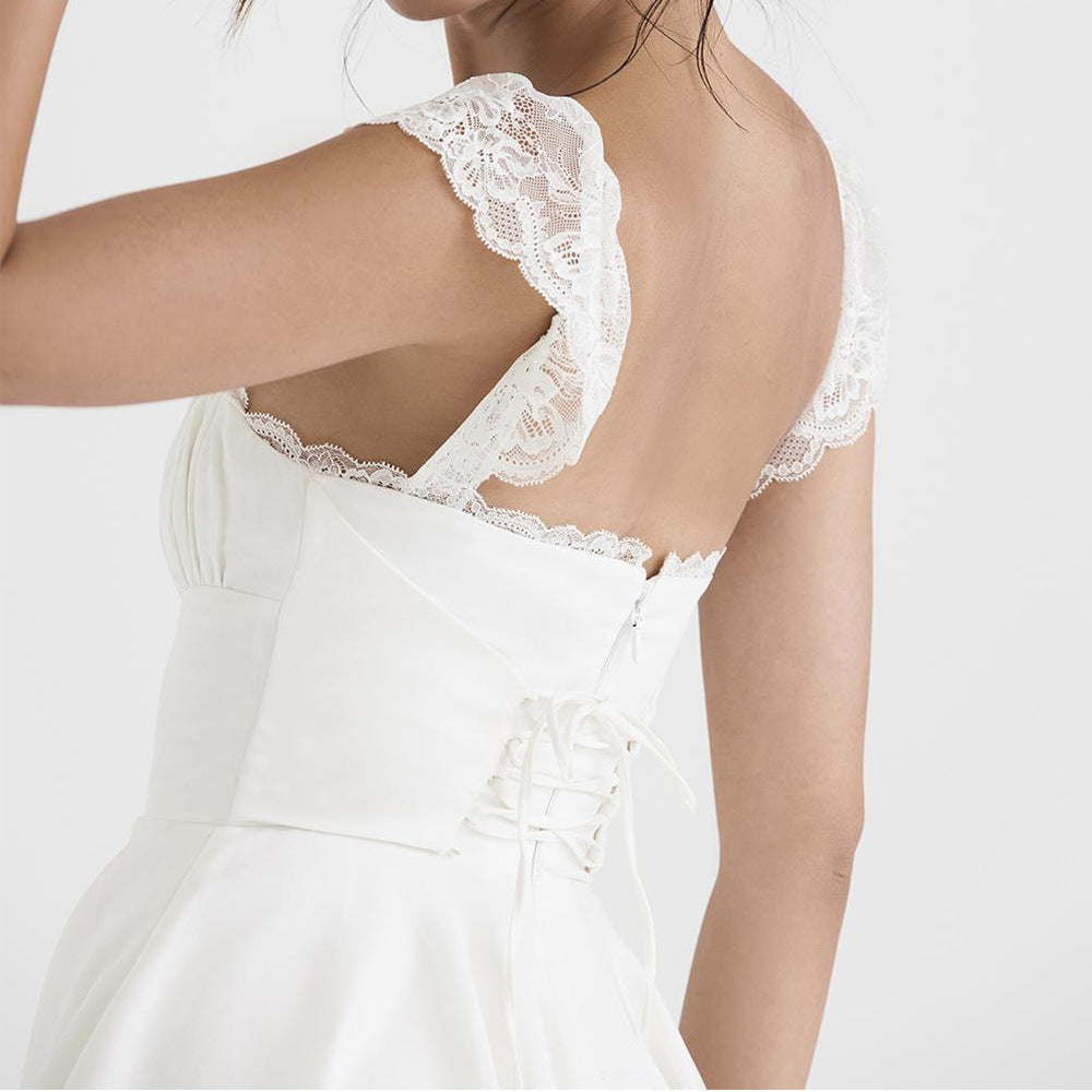 Women's Lace Trim Cap Sleeve Square Neck Lace-Up Mini Dress
