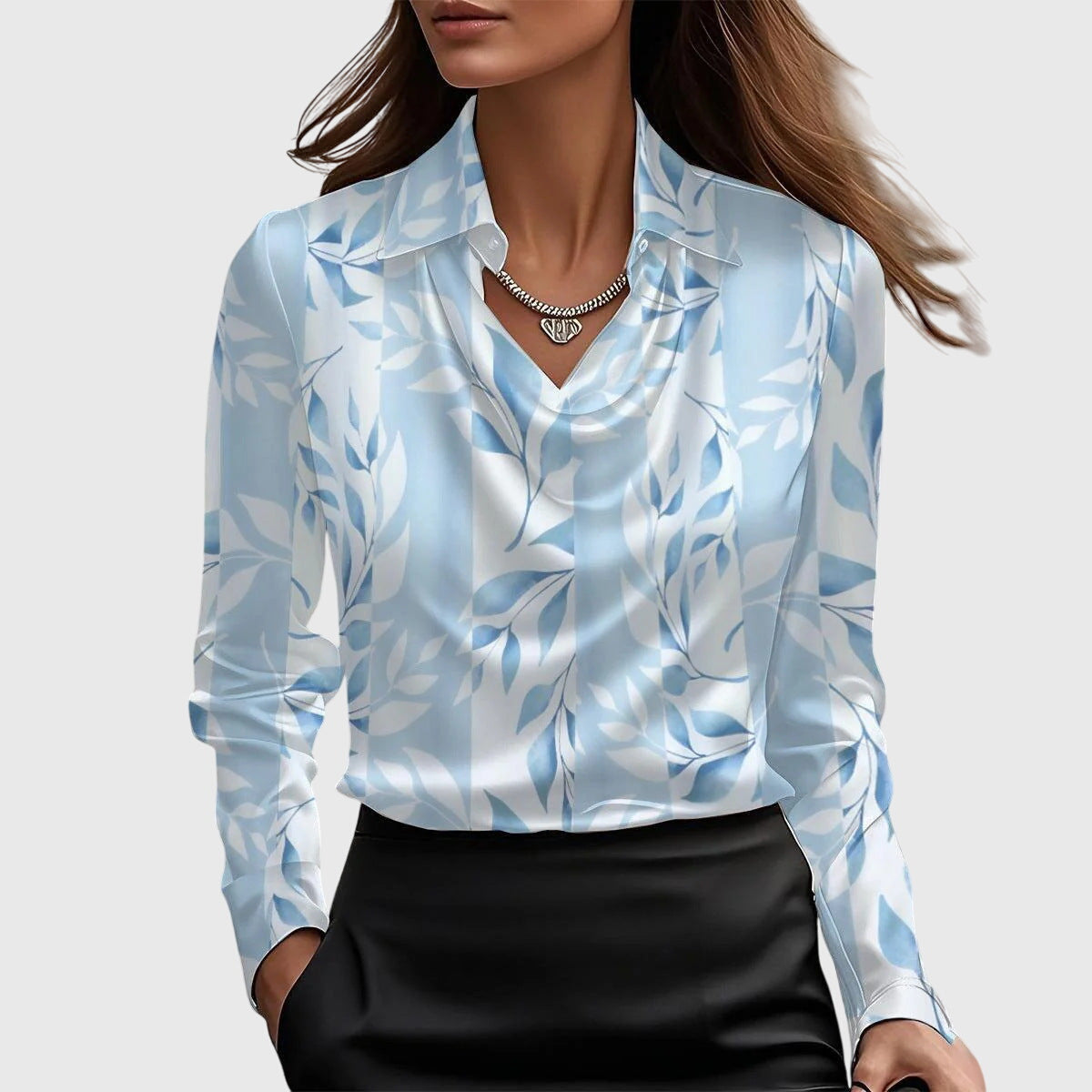 Women's Relaxed Fit Blouse with Draped Neckline and Defined Waist