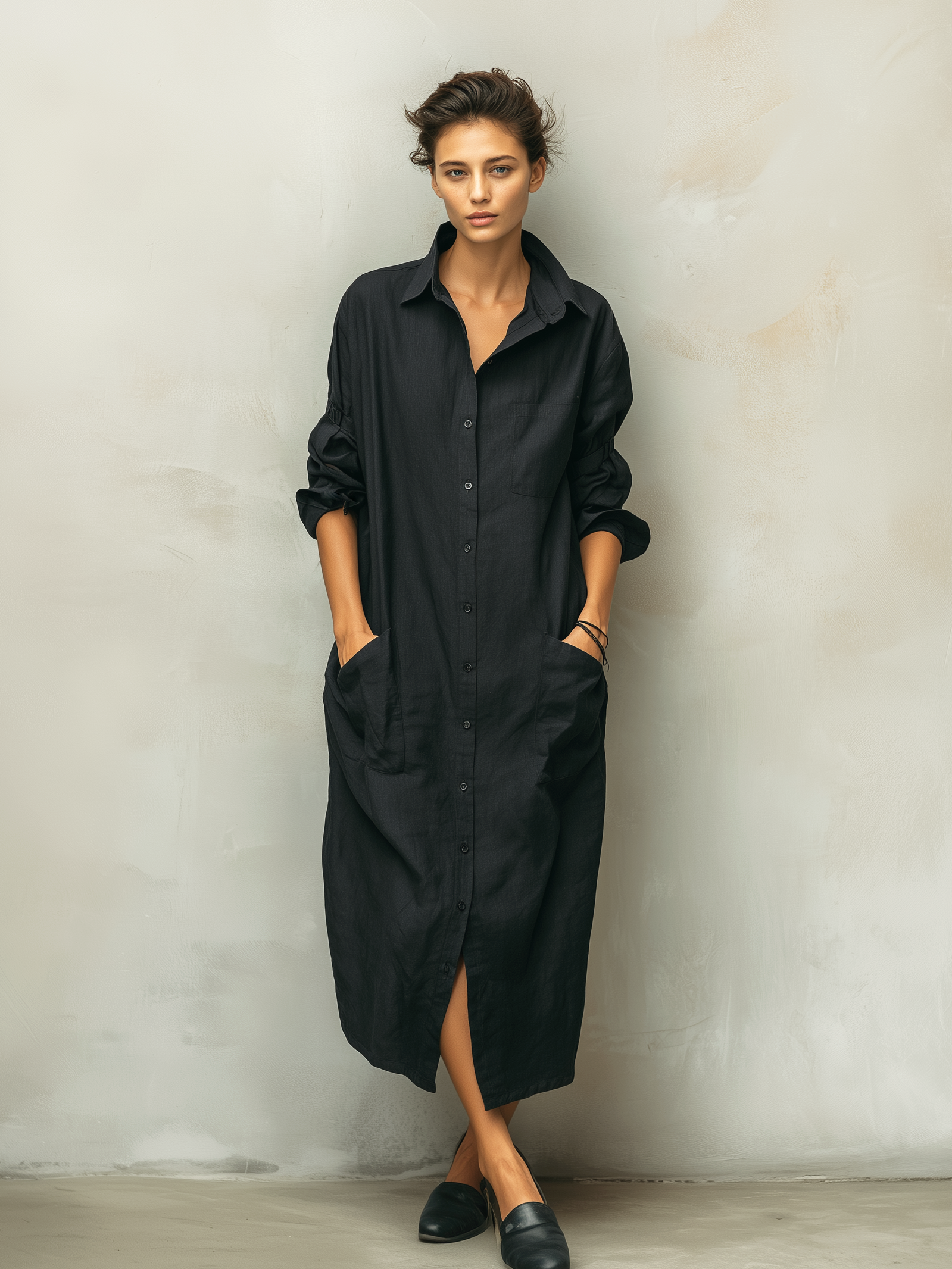 Women's Cotton Linen Midi Dress Shirt Collar