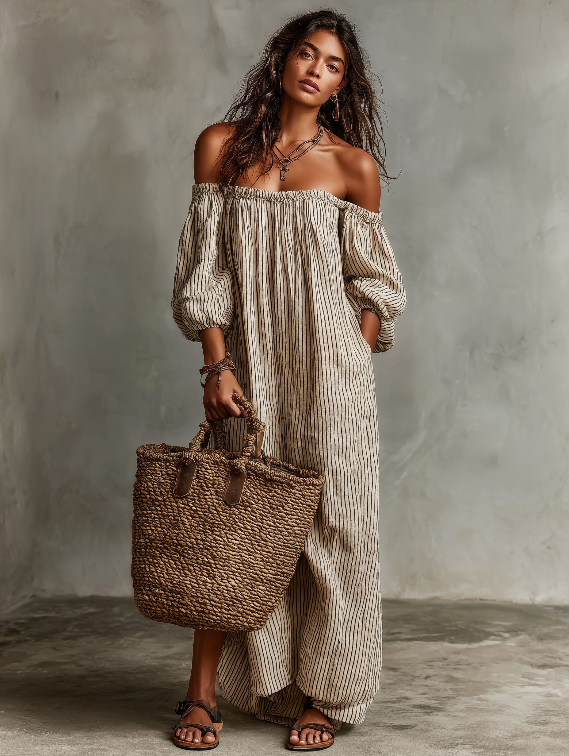 Women's Linen Striped Maxi Dress Off-Shoulder