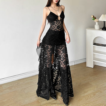 Women's Sheer Lace Maxi Dress - V Neck - Spaghetti Strap - Cut Out - Ruffle Hem