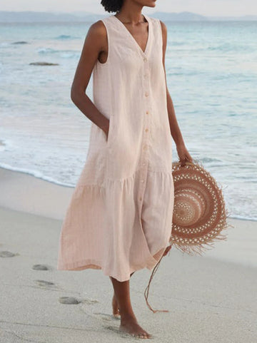 Women's Sleeveless V-Neck Button-Front Tiered Midi Dress