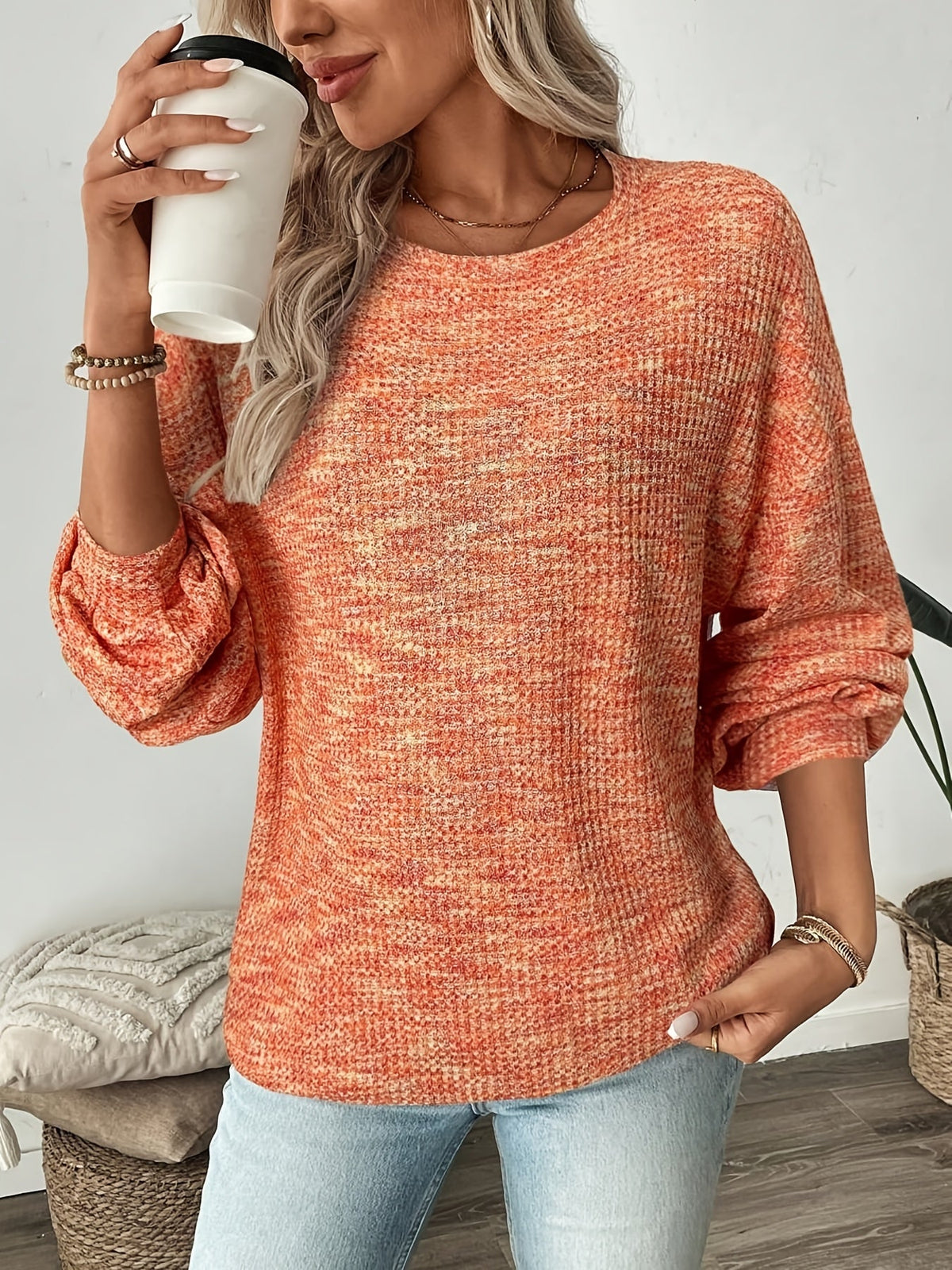Waffle Knit Pullover with Round Neckline and Extended Hip Length