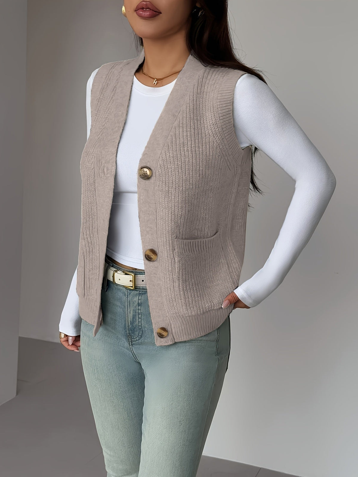 Sleeveless Knit Vest with Button Front and Front Pockets, Relaxed Fit
