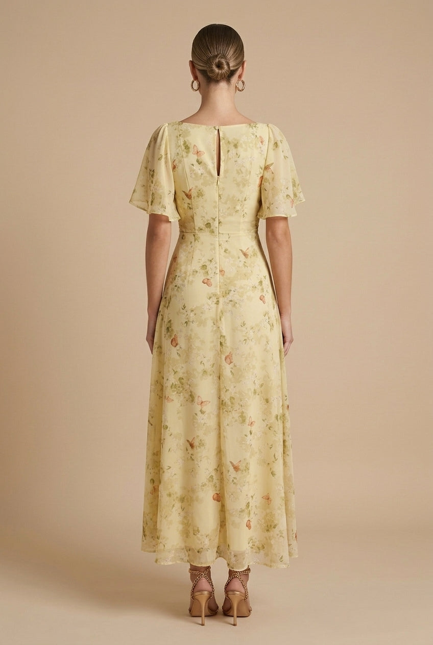 Women's Floral Maxi Dress with Square Neck - Flutter Sleeves and Ruched Bodice