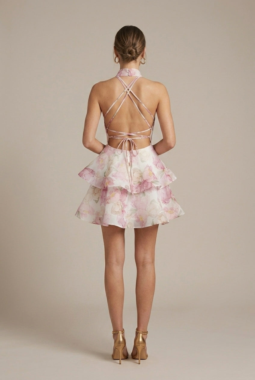 Women's Halter Neck Floral Print Mini Dress - Open Back - Tiered Ruffle Skirt