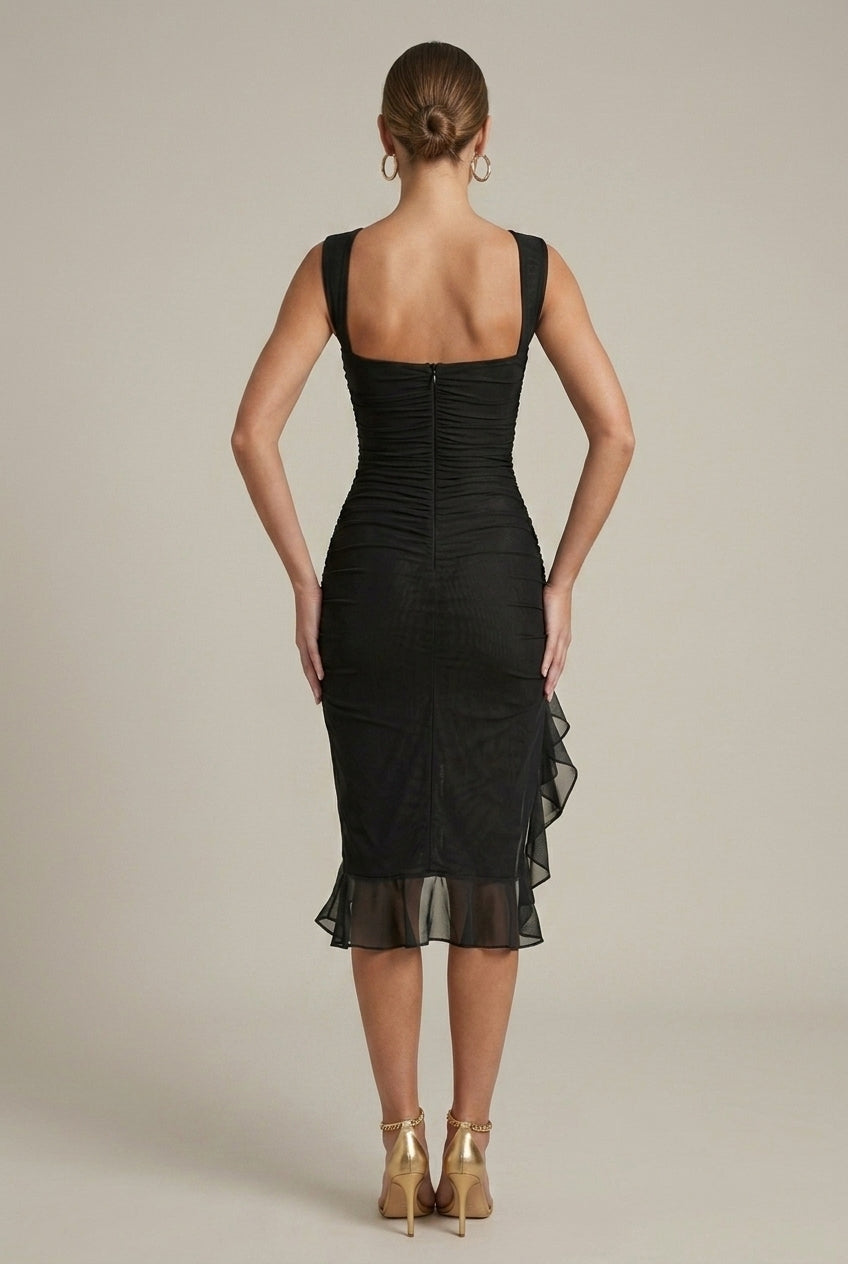 Women's Sleeveless Bodycon Midi Dress with Ruffle High-Low Hem