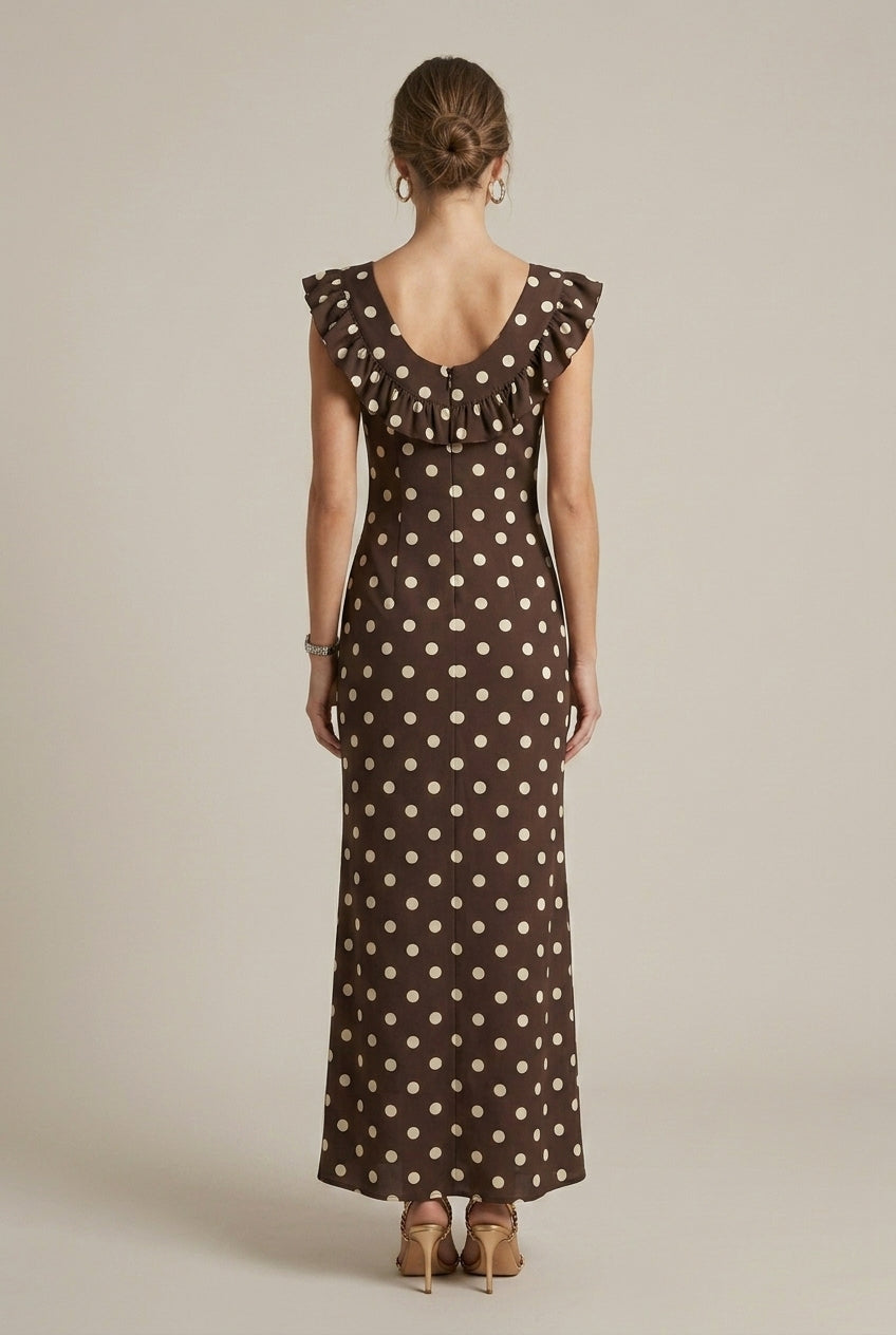 Women's Polka Dot Ruffle Trim Scoop Neck Maxi Dress