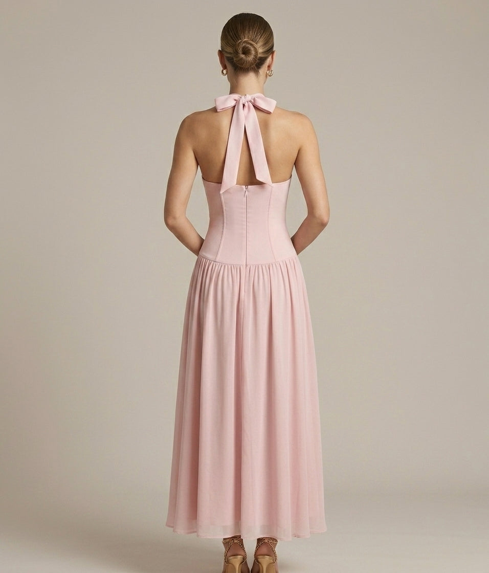 Women's Halter Neck Maxi Dress with Plunge V-Neck and Tie Back