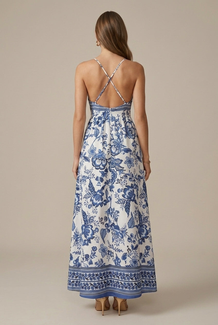 Women's Floral Maxi Dress - Deep V-Neck Flowy Boho Dress