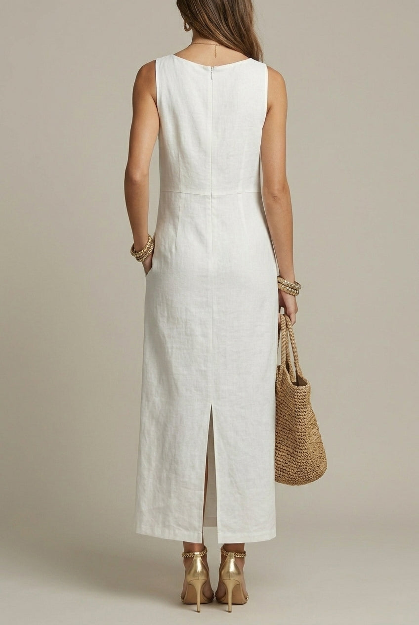 Women's White Linen Maxi Dress V-Neck