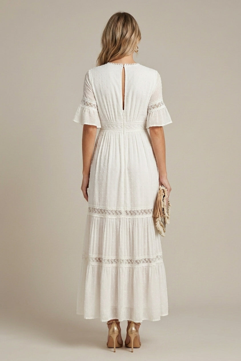 Women's White Boho V-Neck Maxi Dress - Lace Trim Flutter Sleeves