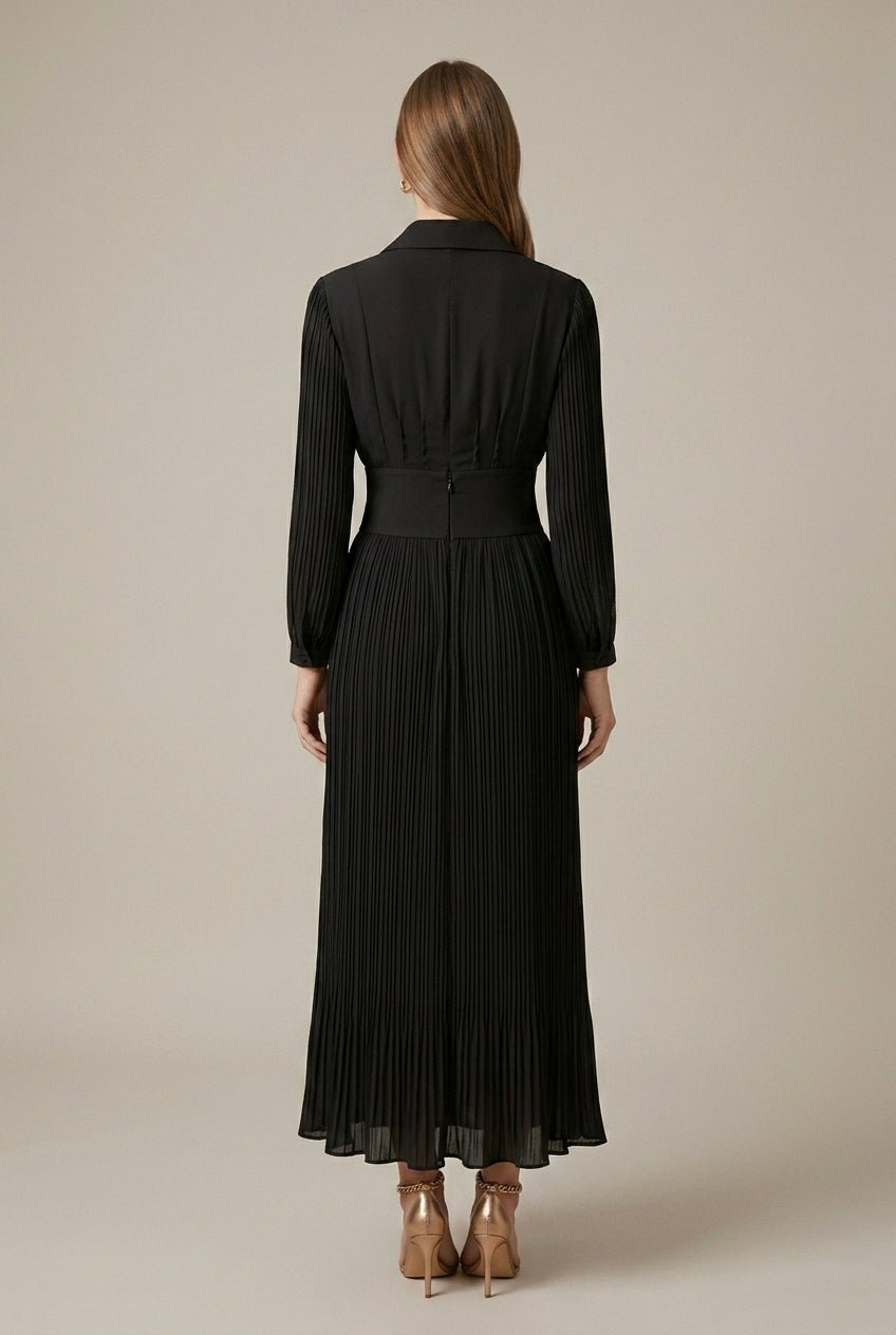 Women's Pleated V-Neck 3/4 Sleeve Maxi Dress with Button Detail
