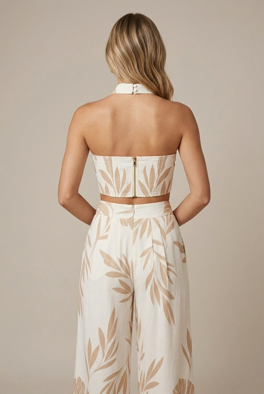 Women's Halter Top Wide Leg Pants Two Piece Tropical Print Set