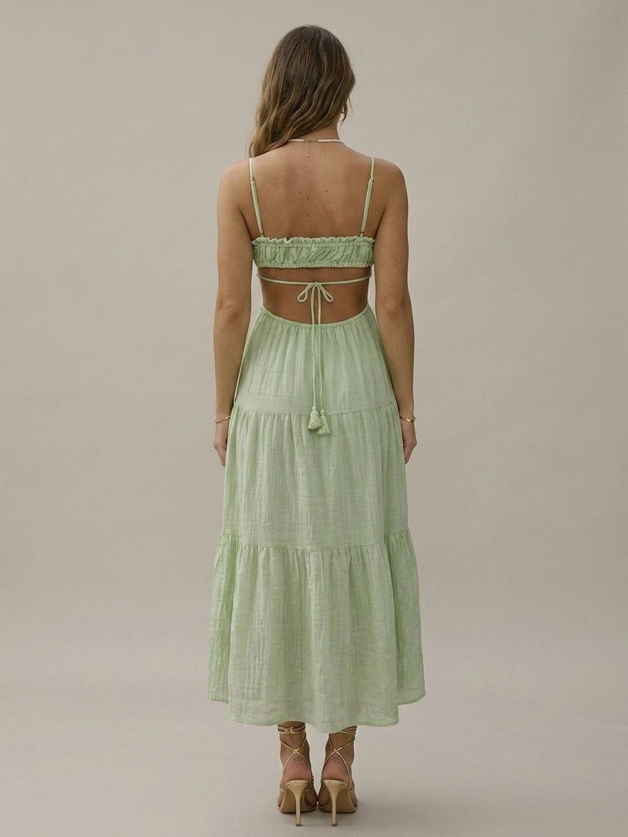 Women's Spaghetti Strap Cutout Tiered Maxi Dress - Tassel Tie