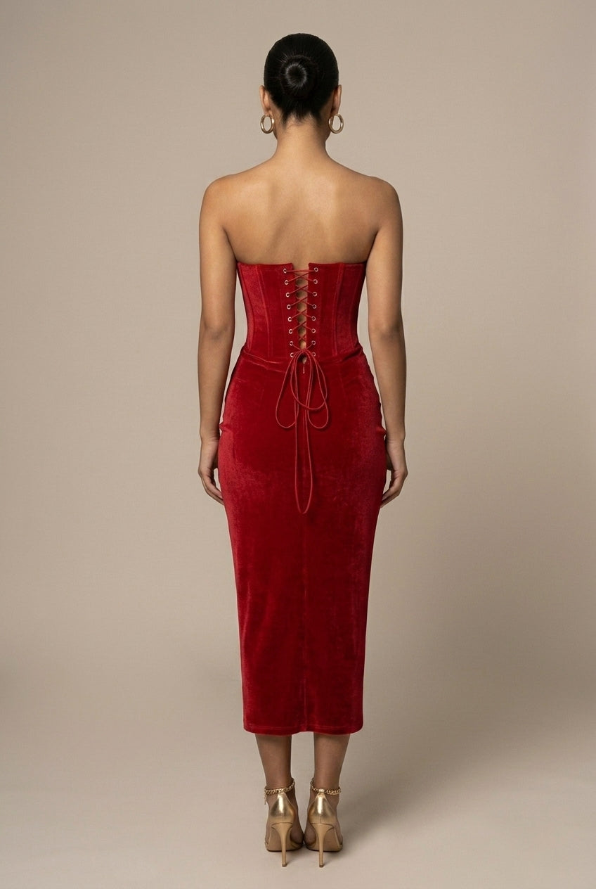 Women's Velvet Strapless Corset Bodycon Midi Dress - High Waist