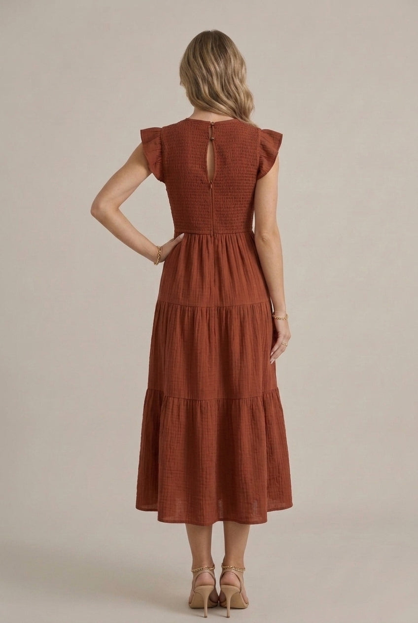 Women's Midi Dress Tiered Smocked Bodice Ruffle Cap Sleeve