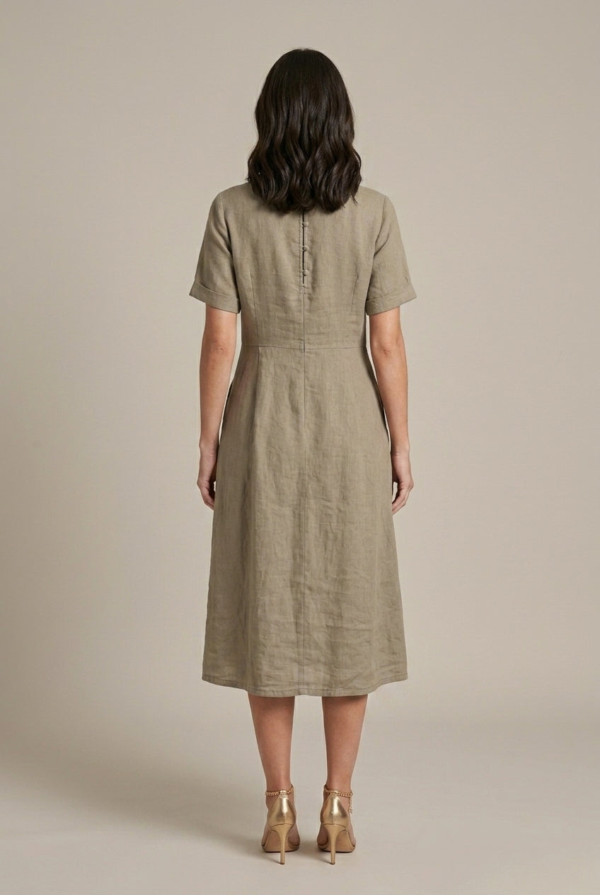 Women's V-Neck Short Sleeve Midi Dress with Button Front