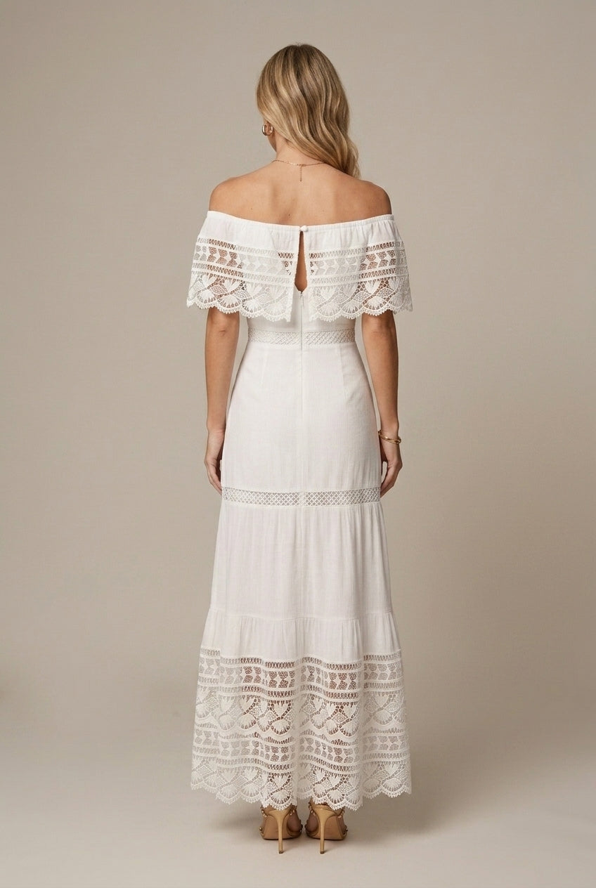 Women's Off The Shoulder Wedding Lace Dress - Cutout Detail - Solid