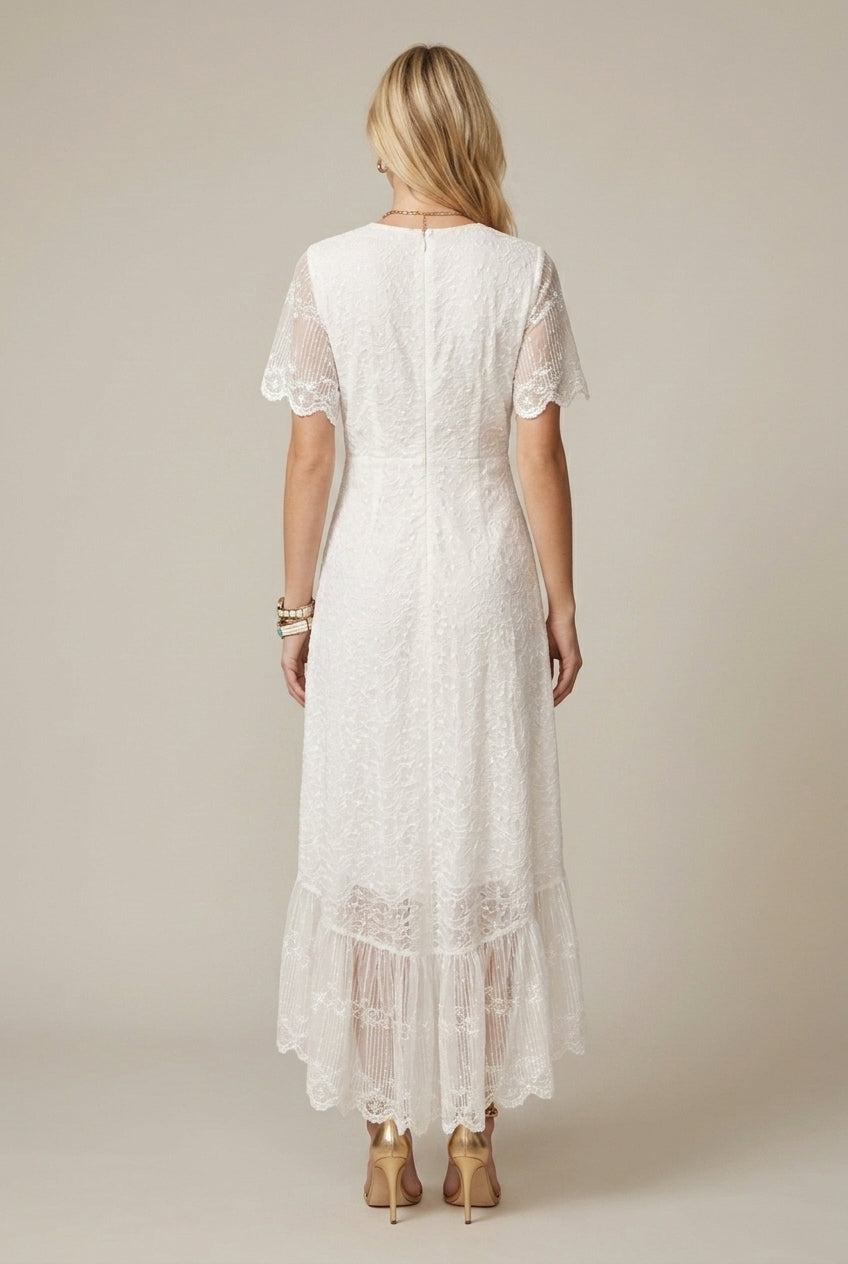 Women's V-Neck Short Sleeve Lace Maxi Dress - Button Front Ruffle Hem