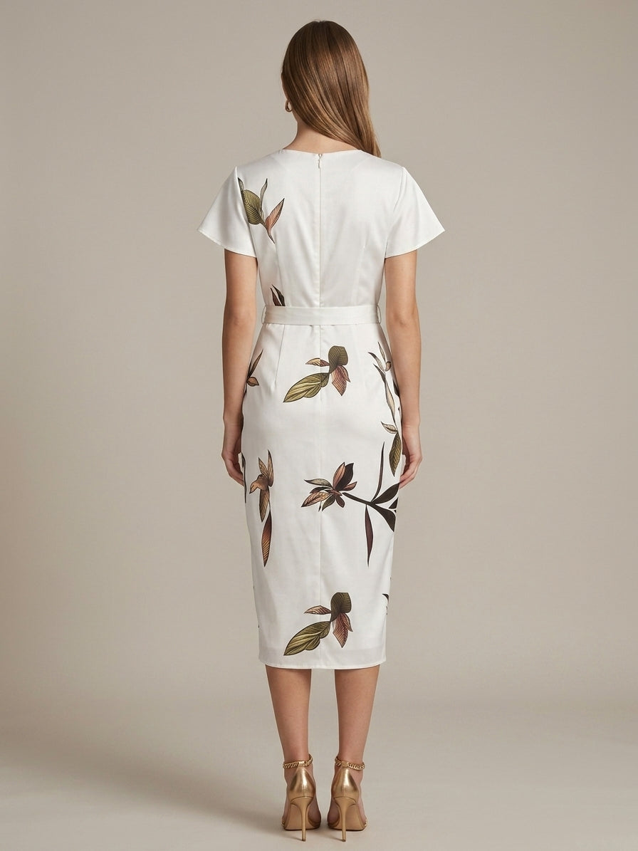 Women's Botanical Wrap Midi Dress V-Neck Tie Waist