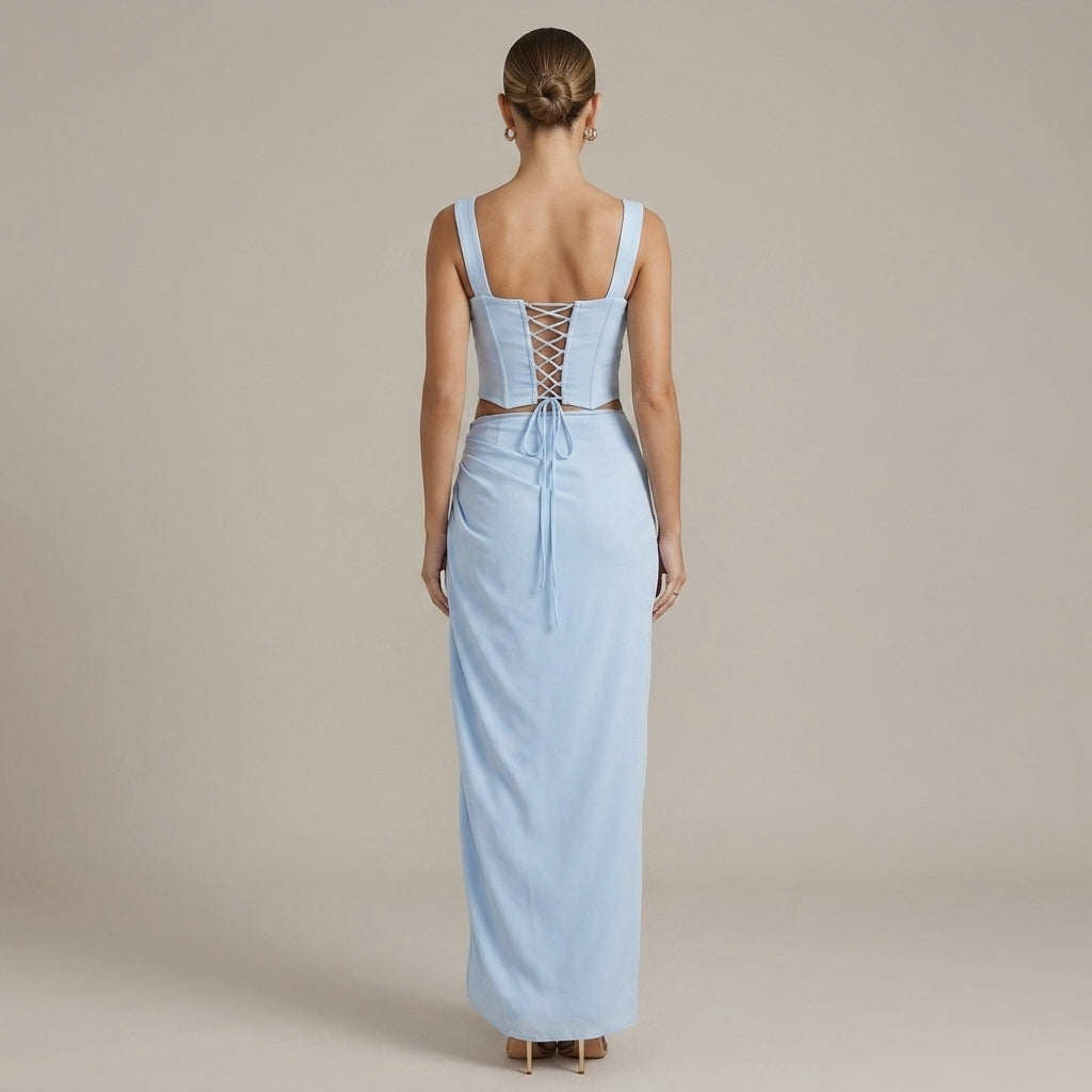 Women's Corset Top Square Neckline Maxi Skirt Two Piece Set