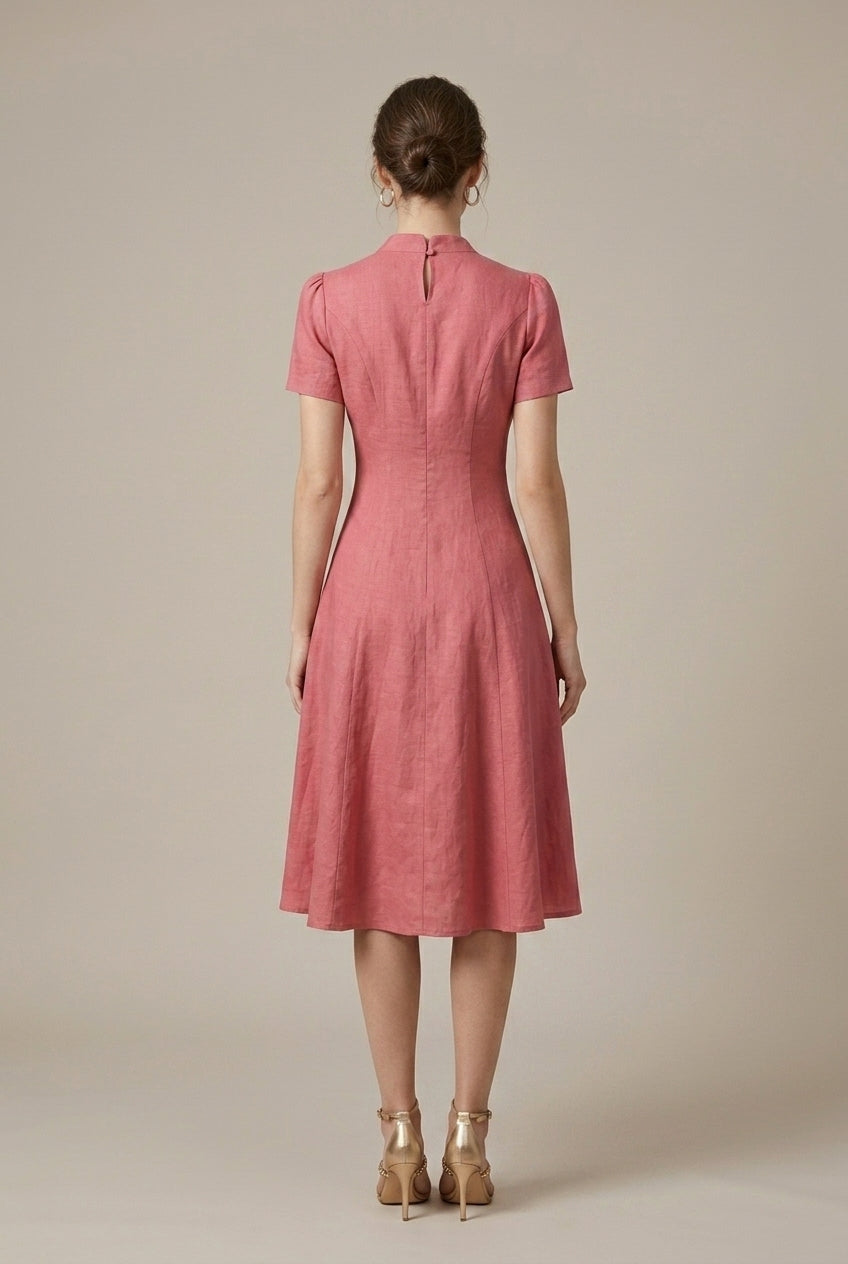 Women's Linen Midi Dress Button Front Short Sleeve
