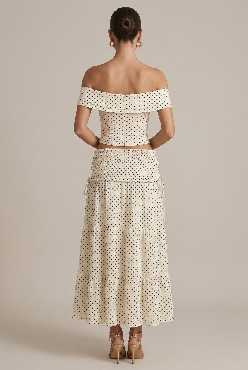 Women's Polka Two- Piece Set Dot Off the Shoulder Crop Top and Maxi Skirt
