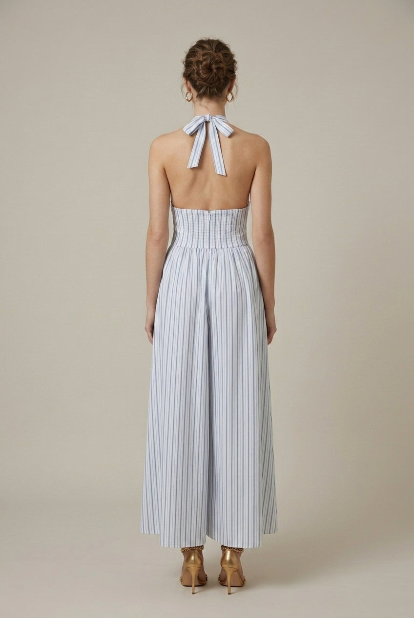 Women's Blue Striped Halter Neck Maxi Dress