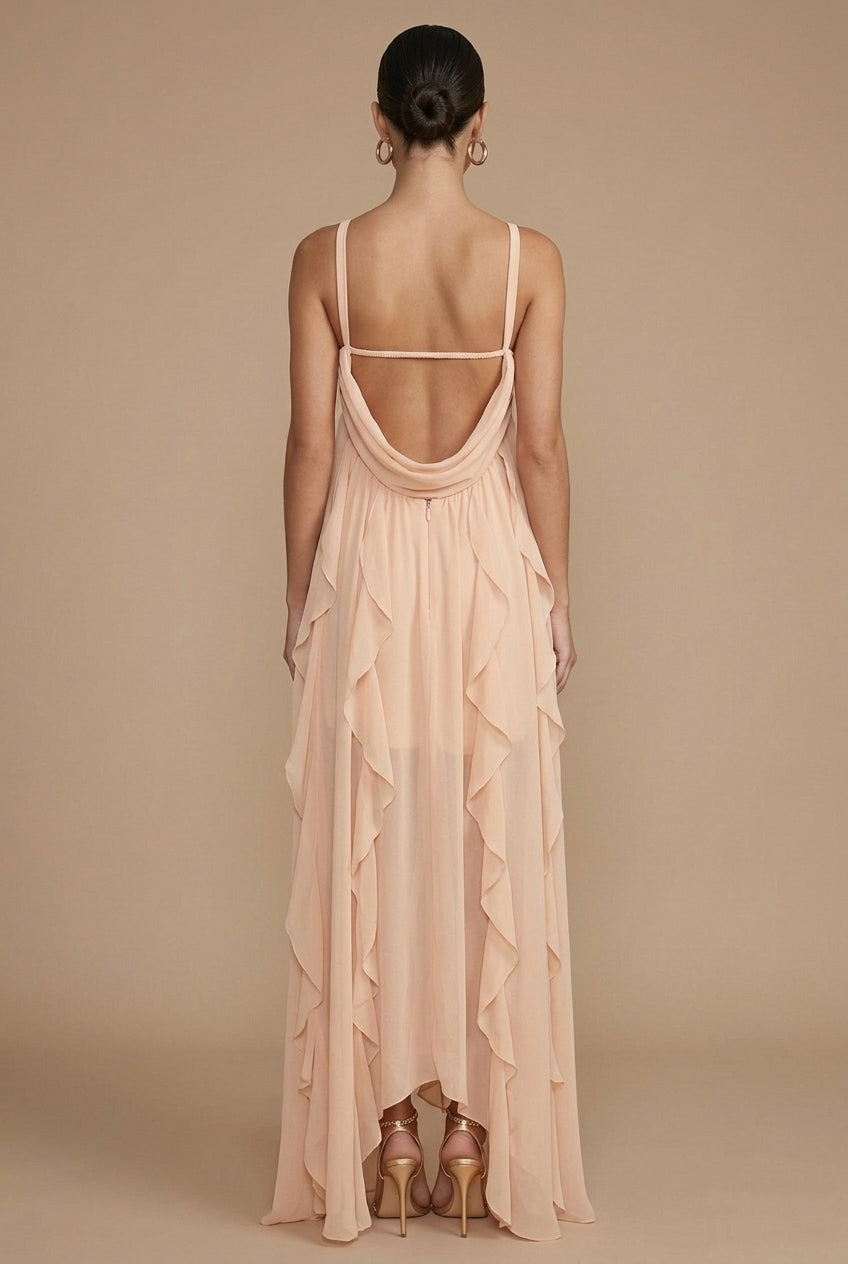 Women's Halter Neck Maxi Dress with Ruffle Skirt - Wedding Guest