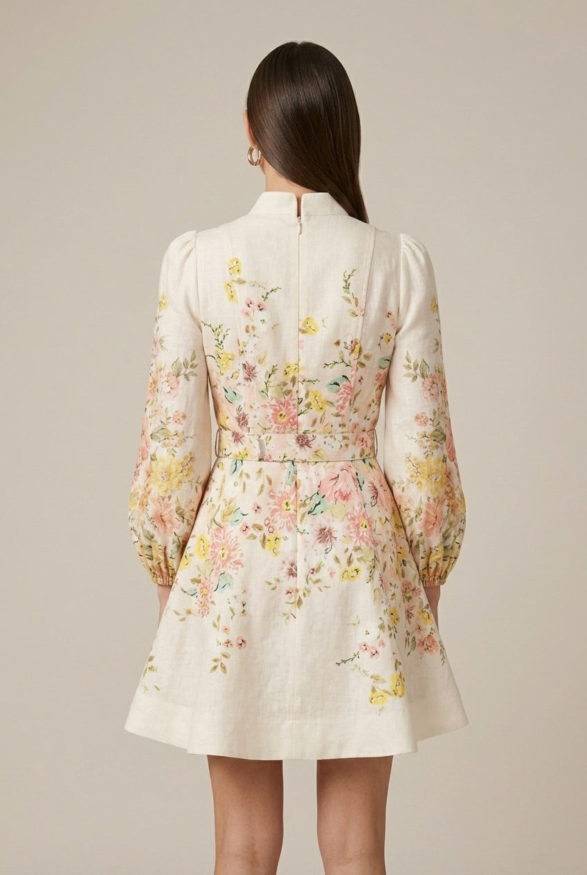 Women's Floral Print Long Puff Sleeve Smocked Mini Dress