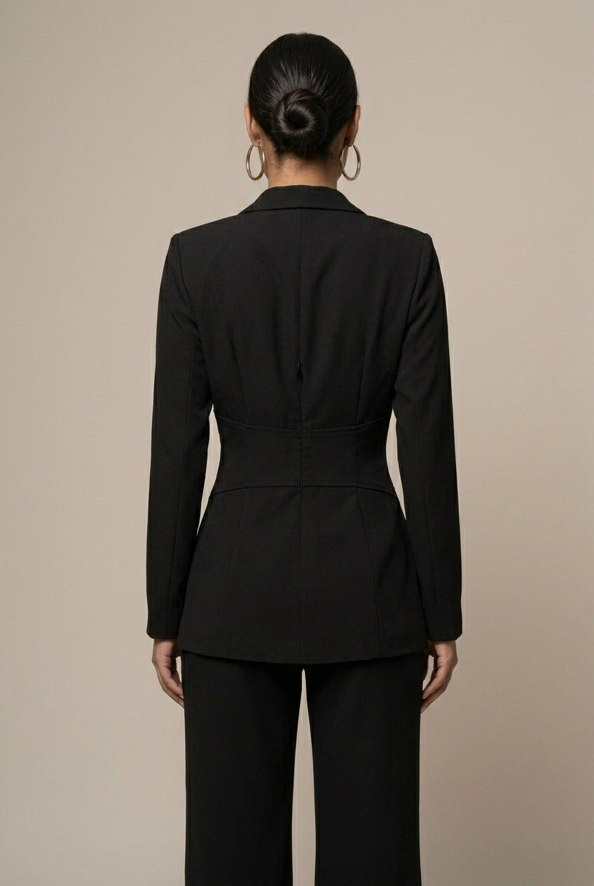 Women's Two-Piece Set Deep V Blazer Wide Leg Pants Tie Waist