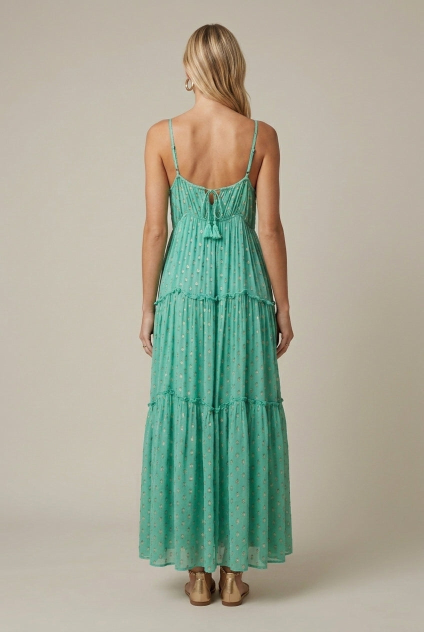 Women's Polka Dot Maxi Dress Tiered V-Neck