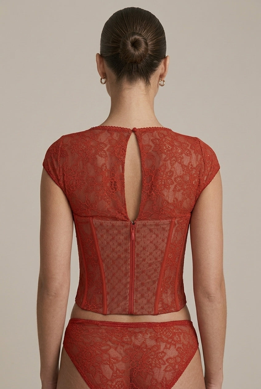 Women's Lace Corset Crop Top with Cap Sleeves and Back Zip