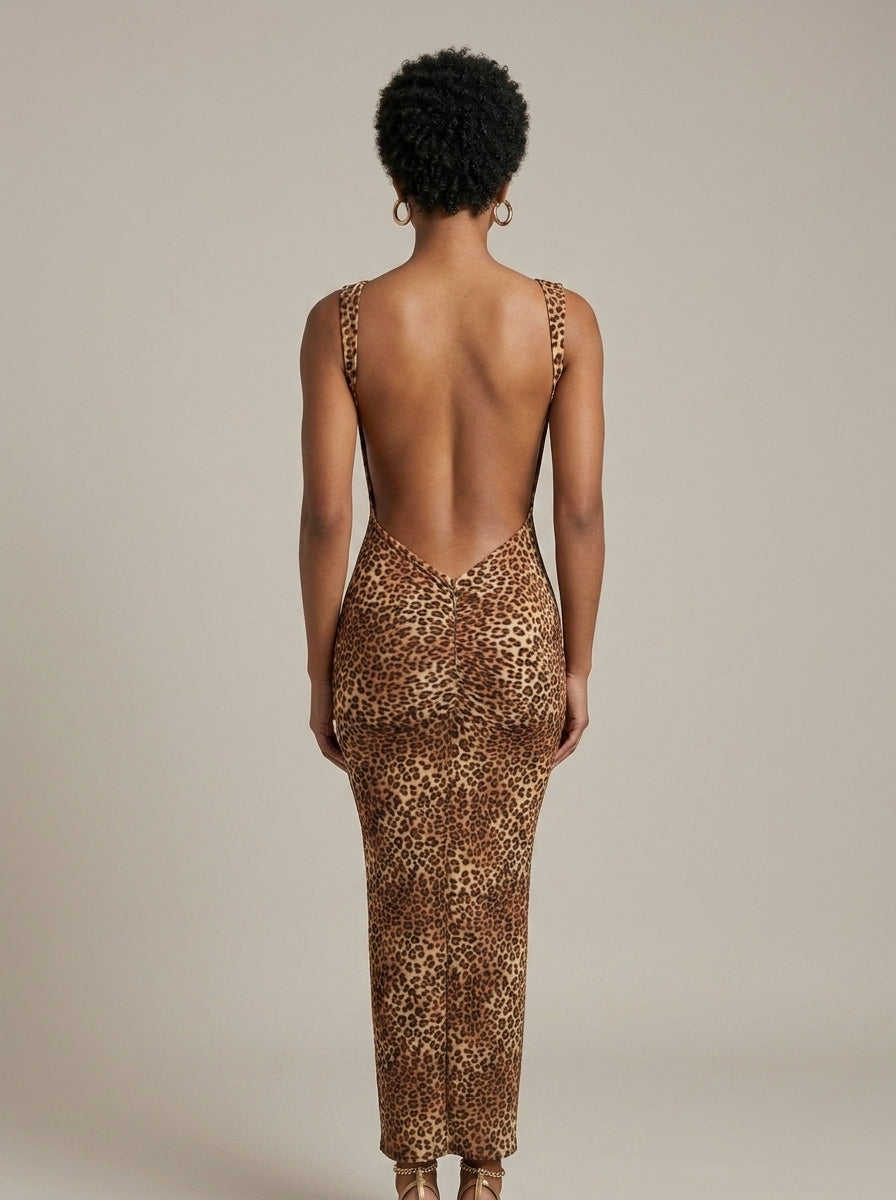 Women's Leopard Print Sleeveless Open Back Bodycon Maxi Dress