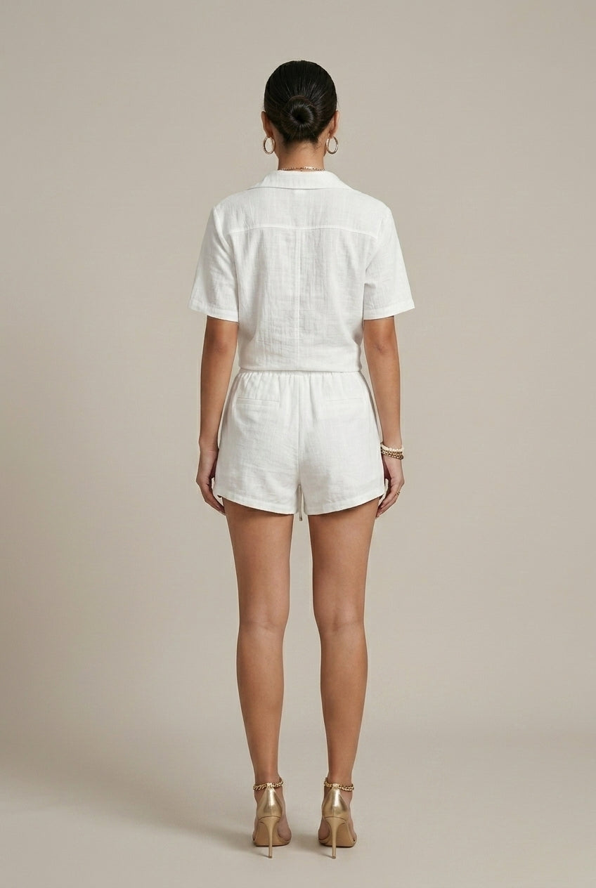 Women's Two-Piece Set Button Shirt Drawstring Shorts