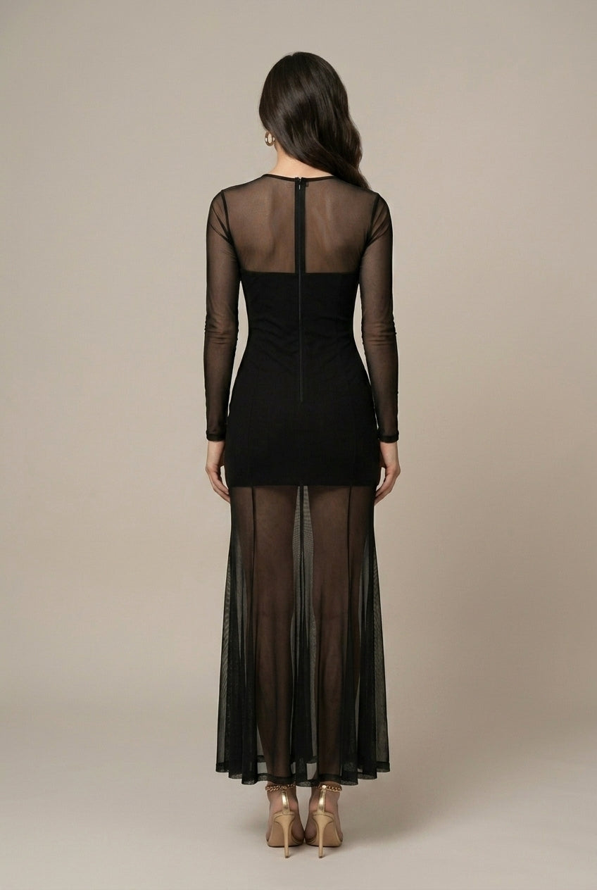 Women's Sheer Mesh High Collar Long Sleeve Maxi Dress