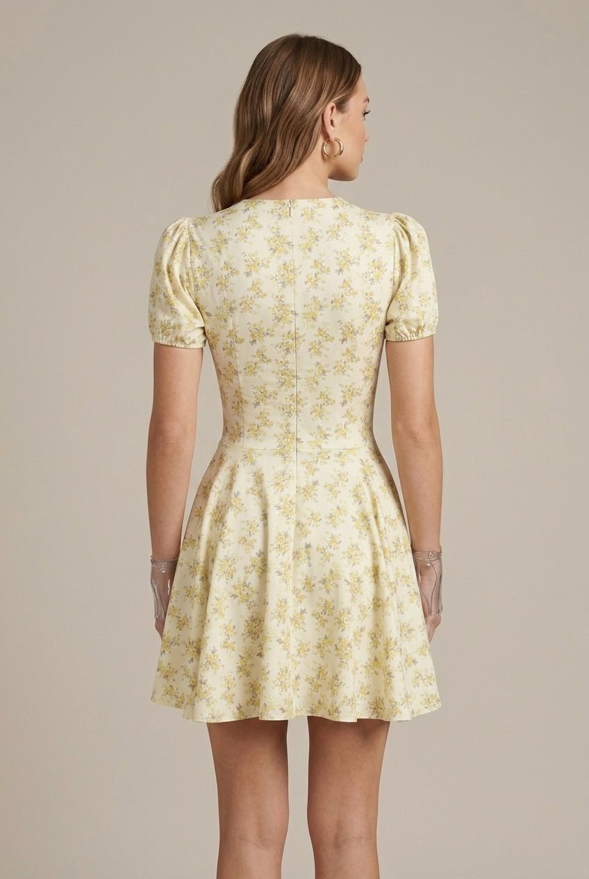 Women's Yellow Floral Mini Dress V-Neck