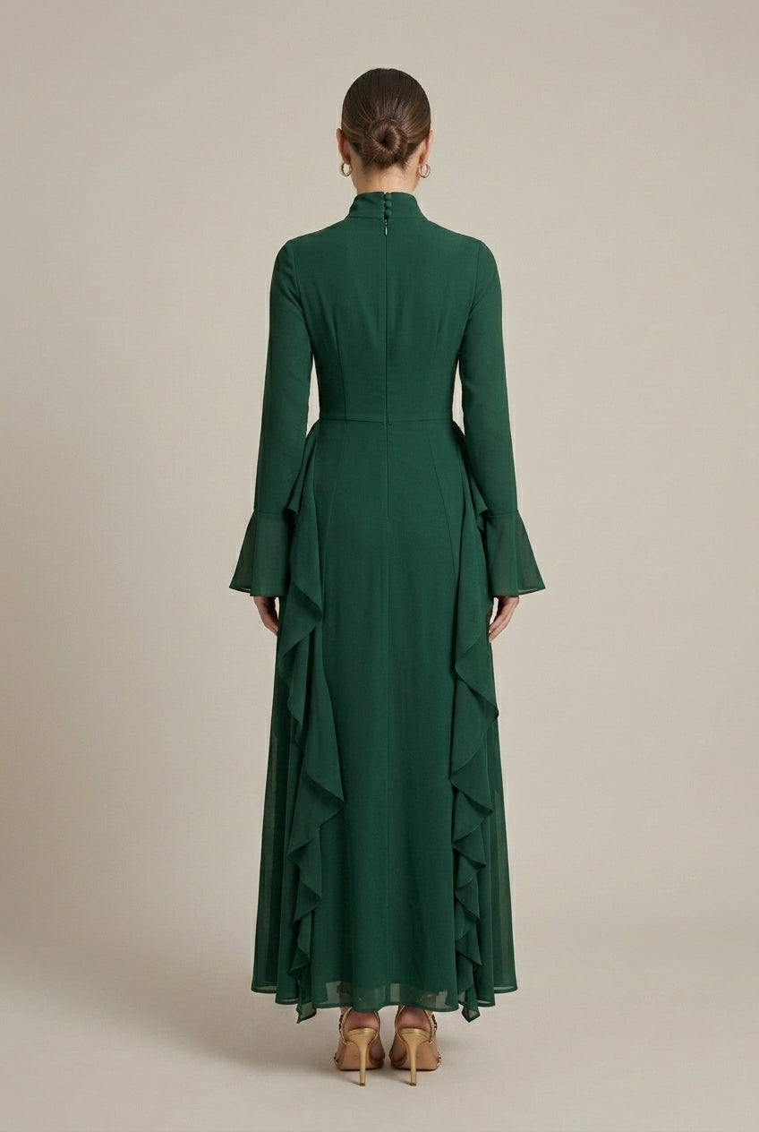 Women's High Neck Long Sleeve Ruffle Smock Maxi Dress