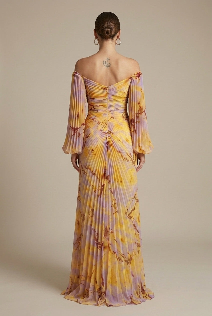 Women's Tie-Dye V-Neck Puff Sleeve Lace-Up Front Maxi Dress