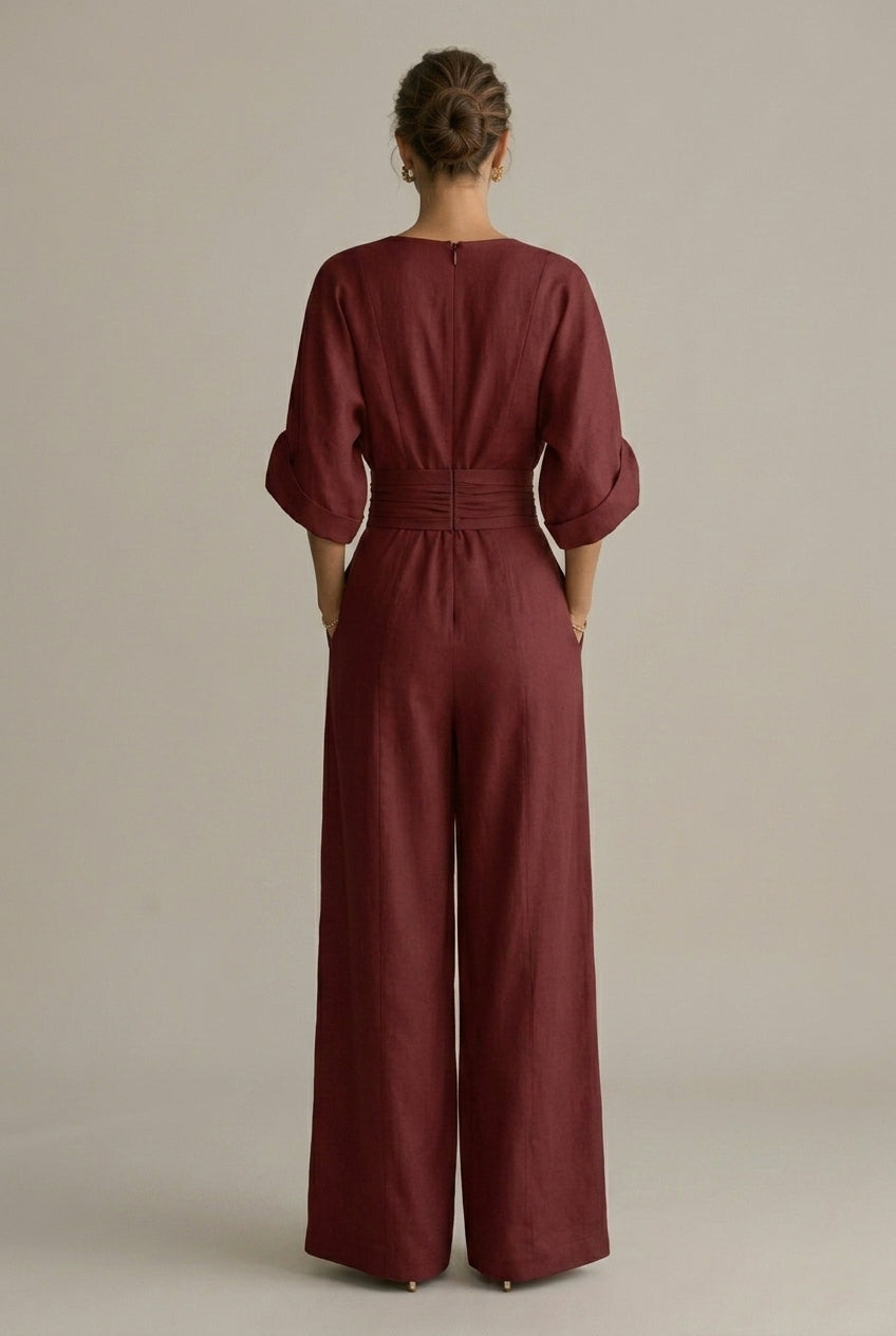 Women's V-Neck Waist Defining Long Sleeve Jumpsuit