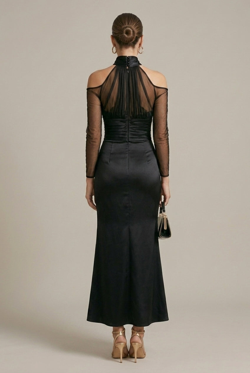 Vestido maxi formal para mujer - Cuello alto, hombros descubiertos, malla transparente, manga larga fruncida, silueta sirena