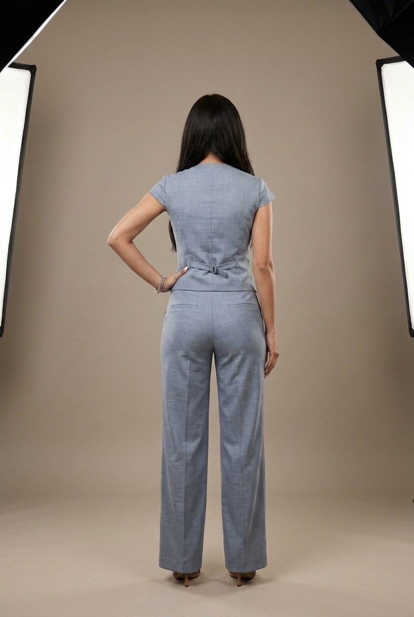 Women's Button-Front Short Sleeve Blazer Wide Leg Pant Set